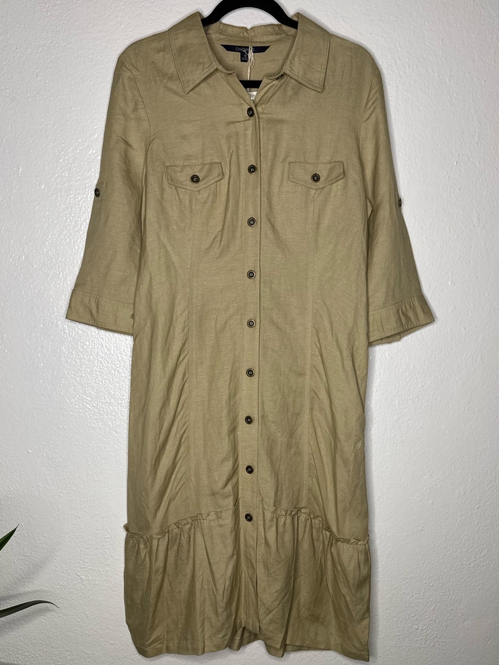 Chadwicks - Khaki Button Front Midi Shirt Dress with Pockets